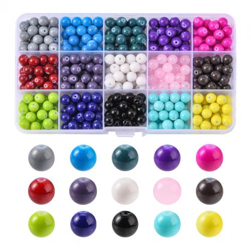 Perles de verre mixte, avec Boîte en plastique, Rond, vernis au four, DIY & 15 cellules, couleurs mélangées Environ îte, Vendu par boîte