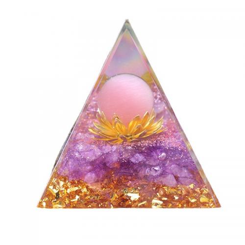 Synthetic Resin Pyramid Decoration, with Cats Eye & Amethyst, Pyramidal, epoxy gel, for home and office 