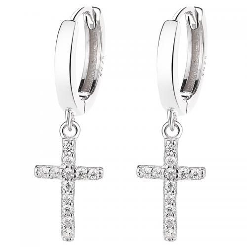 Cubic Zirconia Micro Pave Sterling Silver Earring, 925 Sterling Silver, Cross, plated, micro pave cubic zirconia & for woman 