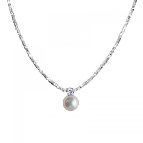 925 Sterling Silver Necklace, with Glass Pearl, with 2inch extender chain, Round, micro pave cubic zirconia & for woman, silver color Approx 15 Inch 