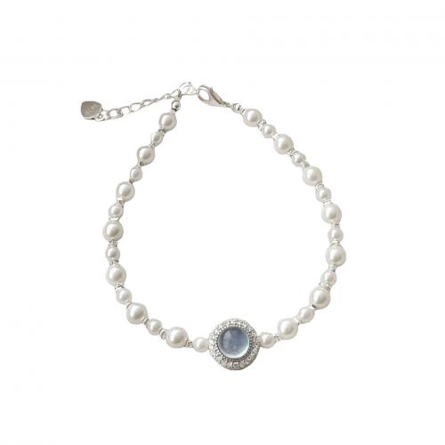 925 Sterling Silver Bracelet, with Aquamarine & Freshwater Pearl & Glass Pearl & for woman Approx 6 Inch 