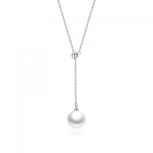 925 Sterling Silver Necklace, with Glass Pearl, with 2inch extender chain, Round, platinum plated, cross chain & Korean style & for woman Approx 16.5 Inch 