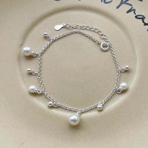 925 Sterling Silver Bracelet, with Glass Pearl, with 1.2inch extender chain, Korean style & for woman, silver color Approx 6.3 Inch 