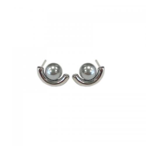 925 Sterling Silver Stud Earring, with Glass Pearl, Geometrical Pattern, plated, Korean style & for woman 