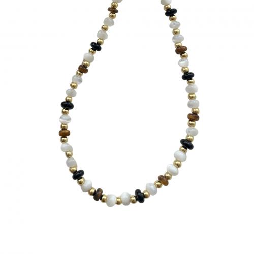 925 Sterling Silver Necklace, with Black Agate & Trochus, with 2inch extender chain, gold color plated, Korean style & for woman Approx 15.7-16 Inch 
