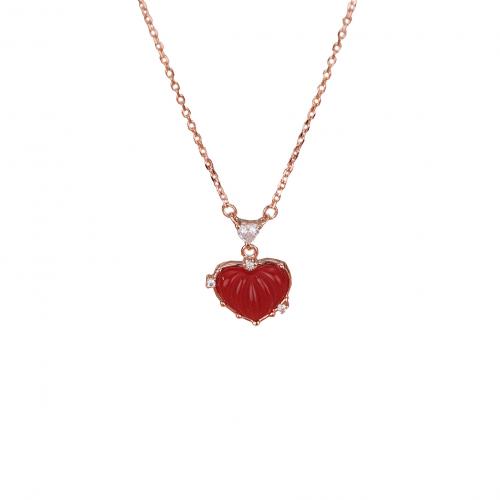 925 Sterling Silver Necklace, with Resin, with 2inch extender chain, Heart, rose gold color plated, cross chain & Korean style & micro pave cubic zirconia & for woman Approx 15.7 Inch 
