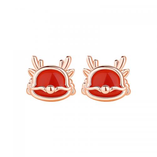 925 Sterling Silver Stud Earring, with Red Agate, Dragon, rose gold color plated, vintage & for woman 