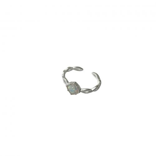 925 Sterling Silver Cuff Finger Ring, with Opal, Geometrical Pattern, Korean style & for woman, silver color, US Ring 