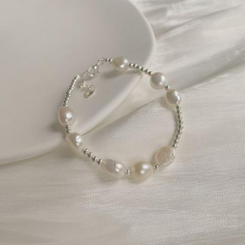 925 Sterling Silver Bracelet, with Freshwater Pearl, with 1.2inch extender chain, Korean style & for woman, silver color Approx 6.3 Inch 