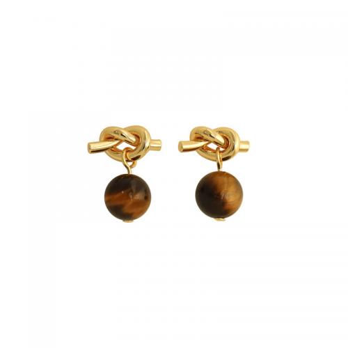 925 Sterling Silver Drop Earring, with Tiger Eye, Round, gold color plated, Korean style & for woman 