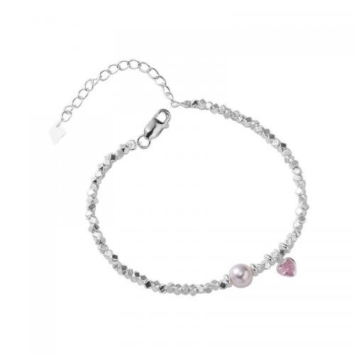 925 Sterling Silver Bracelet, with Glass Pearl, with 1.2inch extender chain, Heart, Korean style & micro pave cubic zirconia & for woman Approx 6.3 Inch 