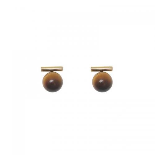 925 Sterling Silver Stud Earring, with Tiger Eye, Round, gold color plated, Korean style & for woman 