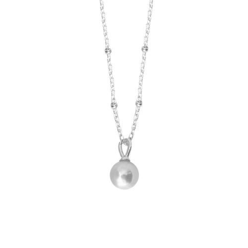 925 Sterling Silver Necklace, with Glass Pearl, with 2inch extender chain, Round, plated, cross chain & Korean style & for woman Approx 15.7 Inch 