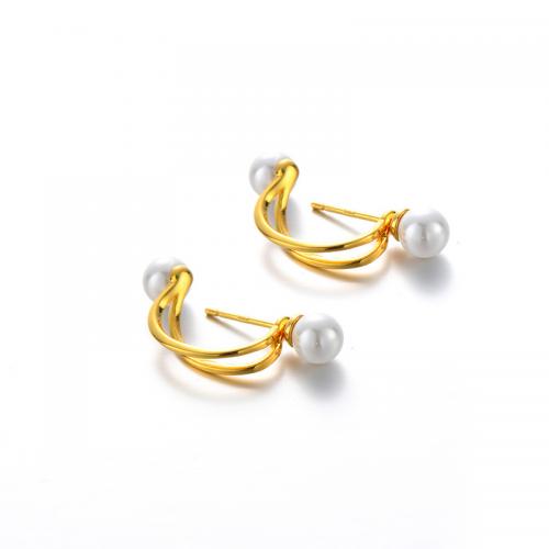 925 Sterling Silver Stud Earring, with Glass Pearl, plated, Korean style & for woman & hollow 