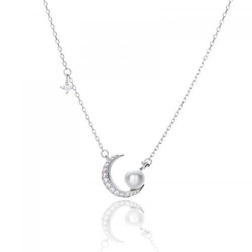 925 Sterling Silver Necklace, with Shell Pearl, with 2inch extender chain, Moon and Star, platinum plated, cross chain & Korean style & micro pave cubic zirconia & for woman Approx 15.7 Inch 