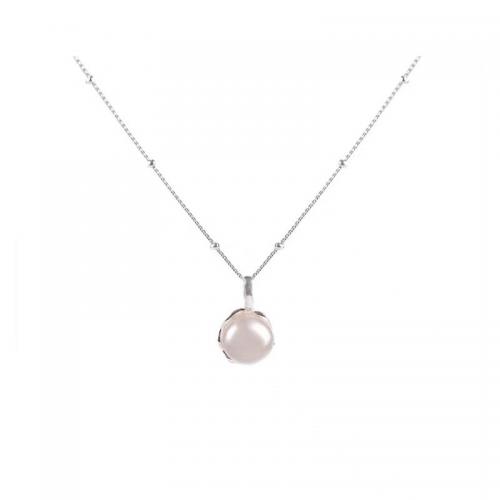 925 Sterling Silver Necklace, with Freshwater Pearl, with 2inch extender chain, Korean style & for woman, silver color Approx 16.1 Inch [