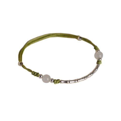 925 Sterling Silver Bracelet, with Polyester Cord & Jade, Bamboo, folk style & for woman, Inner Approx 110mm 