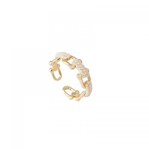 Brass Finger Ring, with Plastic Pearl, gold color plated, fashion jewelry & for woman, golden, inner diameter 17mm 