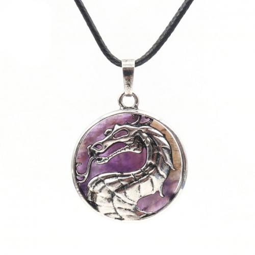 Gemstone Necklaces, Natural Stone, with leather cord & Brass, with 5cm extender chain, Dragon, silver color plated, fashion jewelry & Unisex Approx 45 cm 
