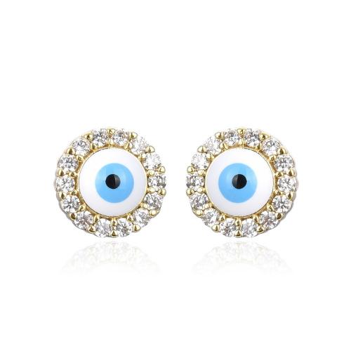 Evil Eye Earrings, Brass, Flat Round, gold color plated, fashion jewelry & micro pave cubic zirconia & for woman & enamel 9mm 