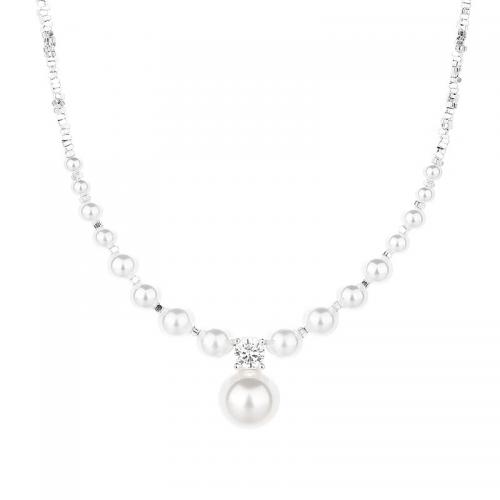 Cubic Zircon Micro Pave Sterling Silver Necklace, 925 Sterling Silver, with Shell Pearl, with 5CM extender chain, plated & micro pave cubic zirconia & for woman, silver color Approx 40 cm 