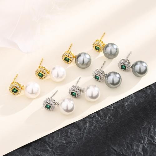 Befestiger Zirkonia Messing Ohrring, mit Kunststoff Perlen, plattiert, Micro pave Zirkonia & für Frau, keine, About 7 * 7 mm square, about 10 mm pearl, verkauft von Paar