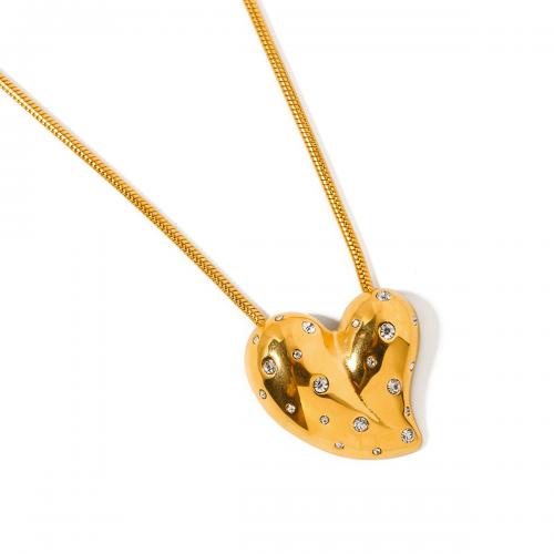 Stainless Steel Jewelry Necklace, 304 Stainless Steel, with 5.5cm extender chain, Heart, 18K gold plated, fashion jewelry & for woman & with rhinestone, golden Approx 44.5 cm 