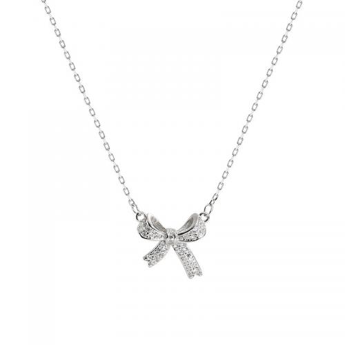 Cubic Zirconia Micro Pave Sterling Silver Necklace, 925 Sterling Silver, with 3.5CM extender chain, Bowknot, plated, micro pave cubic zirconia & for woman Approx 43 cm 