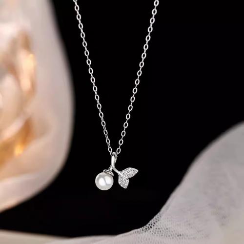 Cubic Zircon Micro Pave Sterling Silver Necklace, 925 Sterling Silver, with Plastic Pearl, with 5CM extender chain, plated, micro pave cubic zirconia & for woman, platinum color Approx 40 cm 