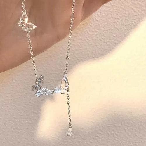 Cubic Zircon Micro Pave Sterling Silver Necklace, 925 Sterling Silver, with 5CM extender chain, Butterfly, plated, micro pave cubic zirconia & for woman, platinum color Approx 40 cm 