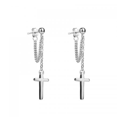 Sterling Silver Drop Earring, 925 Sterling Silver, Cross, plated, for woman, platinum color, 34mm 