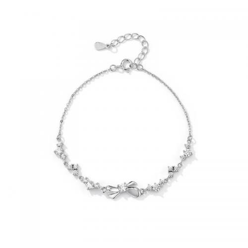 Cubic Zirconia Micro Pave Sterling Silver Bracelet, 925 Sterling Silver, with 3CM extender chain, Bowknot, plated, micro pave cubic zirconia & for woman, platinum color Approx 16 cm 