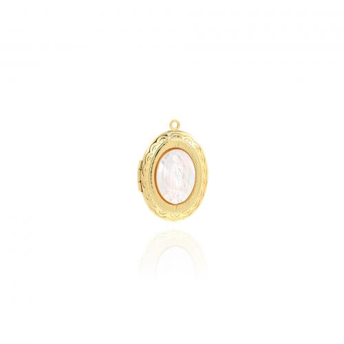 Brass Locket Pendants, with Shell, Flat Oval, 18K gold plated, fashion jewelry & DIY, white 