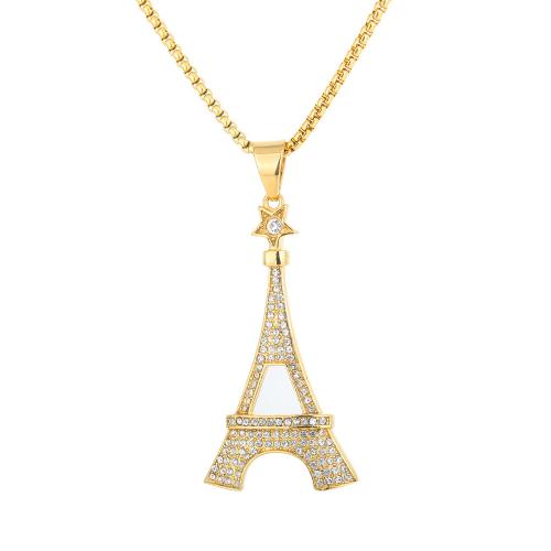 Rhinestone Stainless Steel Pendants, 316 Stainless Steel, Eiffel Tower, for woman & with rhinestone, golden 
