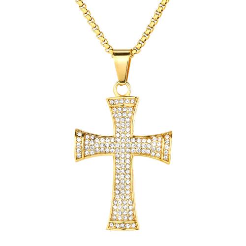 Rhinestone Stainless Steel Pendants, 316 Stainless Steel, Cross, for woman & with rhinestone, golden [