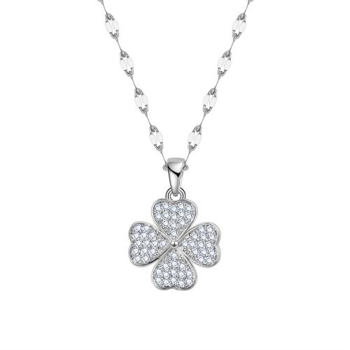 Rhinestone Brass Necklace, with 5CM extender chain, Four Leaf Clover, silver color plated, fashion jewelry & for man & with rhinestone cm 