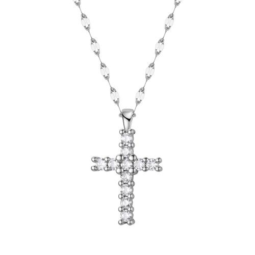 Titan Schmuck Halskette, Titanstahl, mit Verlängerungskettchen von 5CM, Kreuz, silberfarben plattiert, für Frau & mit Strass, Länge:45 cm, verkauft von PC[