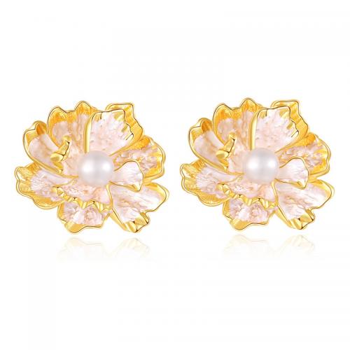 Brass Stud Earring, with Plastic Pearl, plated, for woman, golden [