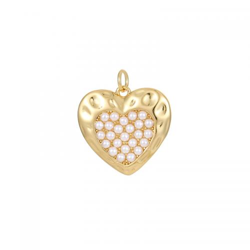 Cubic Zirconia Micro Pave Brass Pendant, with Plastic Pearl, Heart, plated, DIY & micro pave cubic zirconia, golden 