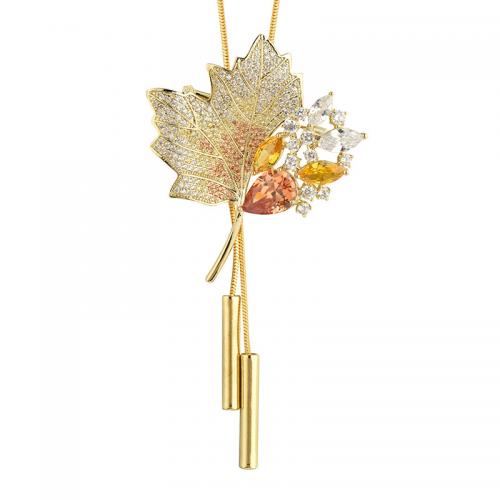 Zinc Alloy Sweater Necklace, with Crystal, Maple Leaf, gold color plated, for woman & with rhinestone Approx 35.4 Inch 