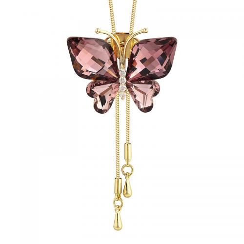 alliage de zinc collier de chandail, avec cristal, papillon, Placage de couleur d'or, pour femme & avec strass Environ 35.4 pouce, Vendu par PC