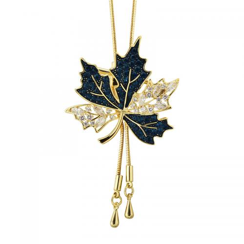 Zinc Alloy Sweater Necklace, Maple Leaf, gold color plated, snake chain & for woman & enamel & with rhinestone Approx 33.9 Inch 