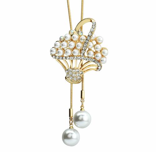 Zinc Alloy Sweater Necklace, with Plastic Pearl, Flower Basket, gold color plated, snake chain & for woman & with rhinestone Approx 33.9 Inch 