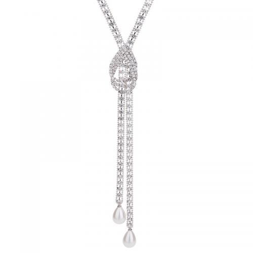 цинковый сплав Свитер ожерелье, с Shell Pearl & Кристаллы, Геометрический узор, плакирован серебром, Женский & со стразами, длина:Приблизительно 28.3 дюймовый, продается PC[