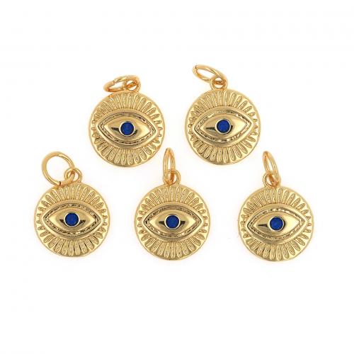 Mode Evil Eye Pendentif, laiton, Plat rond, Plaqué or 18K, bijoux de mode & DIY & pavé de micro zircon, bleu Vendu par PC