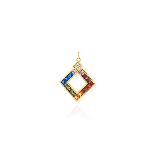 Cubic Zirconia Micro Pave Brass Pendant, Rhombus, 18K gold plated, fashion jewelry & DIY & micro pave cubic zirconia & hollow, mixed colors 