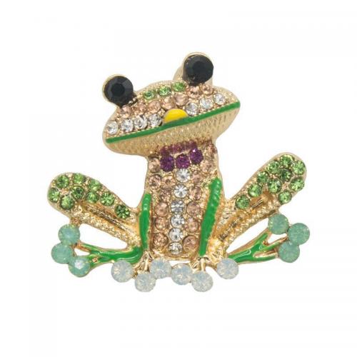 Enamel Brooch, Zinc Alloy, Frog, gold color plated, with rhinestone, green 