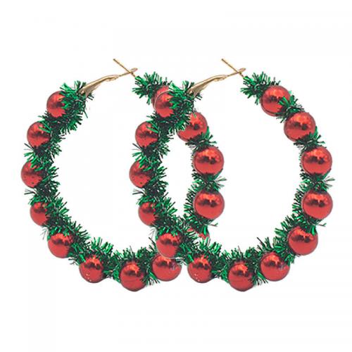 Boucles d'oreilles de Noël, alliage de zinc, avec perle de plastique, Rond, Placage de couleur d'or, Conception de Noël & pour femme, rouge Vendu par paire