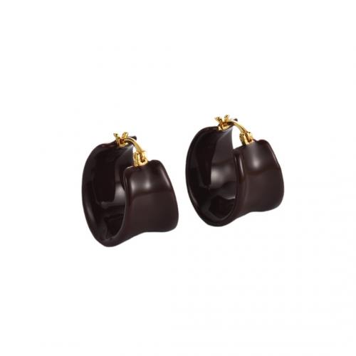 Brass Hoop Earring, plated, for woman & enamel, brown 