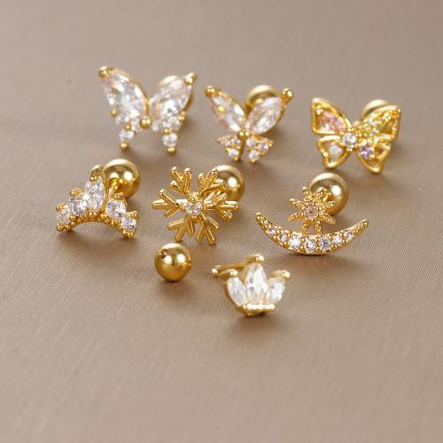 304 Stainless Steel Piercing Earring, gold color plated & micro pave cubic zirconia & for woman, earring length 6-10mm 